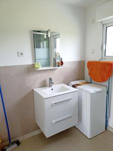 La salle de bains blanche est pourvue d'un lavabo et d'un miroir. dans l'établissement Appartement de 2 chambres avec terrasse amenagee et wifi a Arnage, à Arnage
