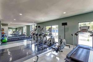 einen Fitnessraum mit mehreren Laufbändern und Crosstrainern in der Unterkunft Huge one bedroom with 2 Queen size beds in Houston