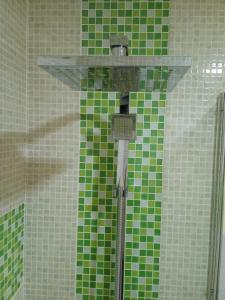 a green tiled shower in a bathroom with a glass shelf at Studio proche gare centre ville in Pau