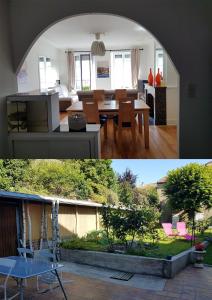 2 imágenes de una sala de estar, una cocina y una sala de estar en Appartement d'une chambre avec vue sur la ville et jardin a Langogne, en Langogne