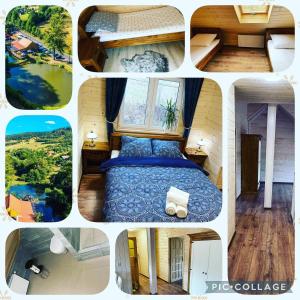 un collage de fotos de un dormitorio con cama en Restauracja i Noclegi Izba Rybacka w Krainie Wygasłych Wulkanów, en Podgórki
