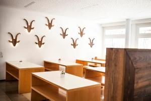a classroom with tables and birds on the wall at Jugendherberge Oberammergau in Oberammergau