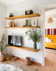 un soggiorno con scaffali in legno e TV di Casa Verde Houses a Città di Kos