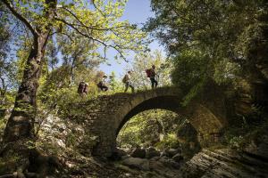 a group of people walking over a stone bridge at Abeliona Guesthouse in Ambeliona