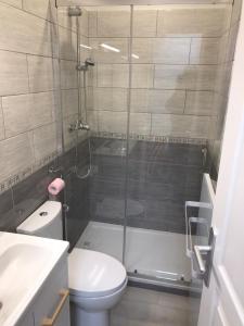 y baño con ducha, aseo y lavamanos. en Le Petit Sault - Super Studio refait à neuf proche des commerces NaionalN3, en Royat