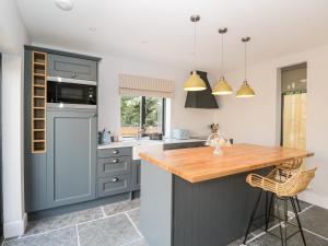 a kitchen with blue cabinets and a wooden counter top at Little Lugg in Hereford