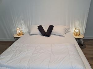 a white bed with two pillows on top of it at Ker Kiberen in Quiberon