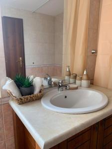 um balcão de casa de banho com um lavatório e um espelho em Kaliakria Resort "Bluesky" em Topola