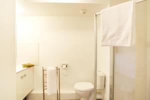 a white bathroom with a toilet and a shower at Résidence Néméa Aix Campus 1 in Aix-en-Provence