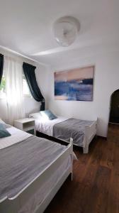 a bedroom with two beds and a painting on the wall at Holiday home Zora - family vacation house near protected area of the Nature Park Kamenjak, with green yard, WiFi, Air-con in Premantura