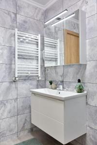 ein Badezimmer mit einem weißen Waschbecken und einem Spiegel in der Unterkunft Garsoniera Alegria Solid House in Mamaia