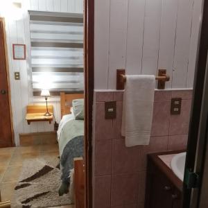 een badkamer met een bed, een wastafel en een spiegel bij B&B HMüller in Pucón