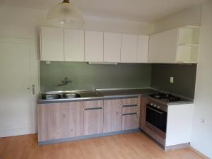 a kitchen with white cabinets and a sink at Lahova hiša in Ljubno