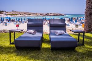 two beds sitting on the grass near a beach at Pavlo Napa Beach Hotel in Ayia Napa