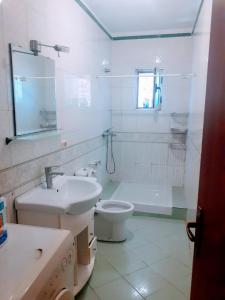een witte badkamer met een wastafel en een toilet bij Myslym Shyri lovely top apartment in Tirana