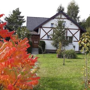 una casa blanca con flores rojas delante en Karkonoski Widok, en Dziwiszów