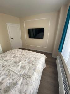 Schlafzimmer mit einem Bett und einem Flachbild-TV in der Unterkunft Нові апартаменти на Роксолани16 in Truskawez