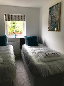 a bedroom with two beds and a window at Rhos cottage Ruthin in Ruthin