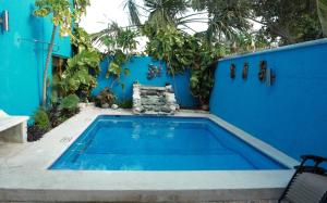 a blue swimming pool with a blue wall and trees at Hotel Villas Las Anclas in Cozumel