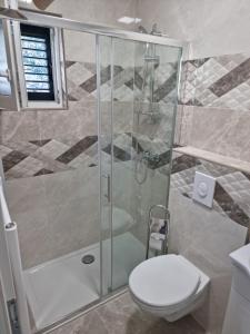 a bathroom with a shower and a toilet at Apartmani Biser in Tučepi