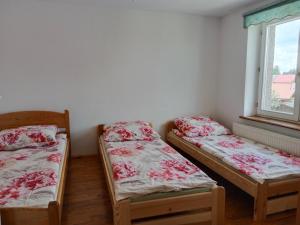 2 Betten in einem Zimmer mit Fenster in der Unterkunft Owocowe Wakacje - Apartament nad jeziorem in Mikołajki
