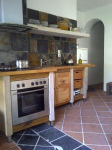 a kitchen with a stove and a sink at Roditses Beach Sea Front Apartments in Samos