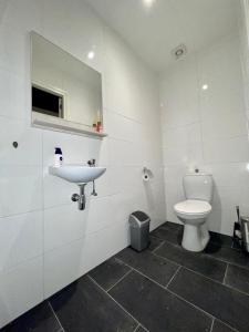 een witte badkamer met een toilet en een wastafel bij BeejMig in Arcen