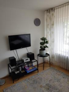 ein Wohnzimmer mit einem Flachbild-TV an der Wand in der Unterkunft Ferienwohnung Brohltal-Aue in Burgbrohl