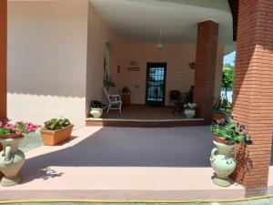 Circeo Home La Mola في سان فيليس سيرسيو: منزل به ساحة مع قدور من النباتات