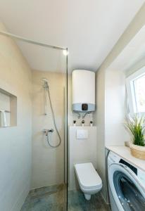 La salle de bains est pourvue d'une douche, de toilettes et d'un lavabo. dans l'établissement New cozy apartment - center of old town Omiš, à Omiš