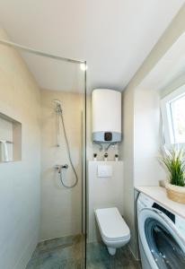 a bathroom with a shower with a toilet and a sink at New cozy apartment - center of old town Omiš in Omiš