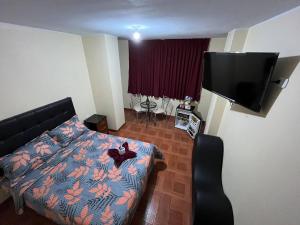a bedroom with a bed and a flat screen tv at Hostal Kmr in Chosica