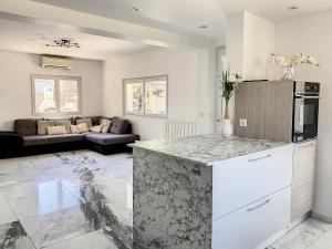 uma cozinha e sala de estar com uma bancada em mármore em 3 Pièces climatisé en rez de jardin avec piscine em Villeneuve-Loubet