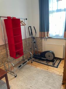pokój z rowerem treningowym i czerwoną półką w obiekcie Nationalpark Lobau Wohnung w mieście Groß-Enzersdorf