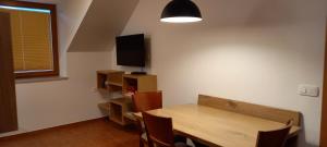 une salle à manger avec une table en bois et une télévision dans l'établissement Apartment Markič, à Bohinj