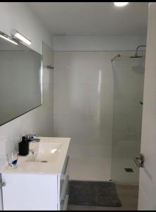 uma casa de banho com um lavatório e um chuveiro com um espelho. em Punta Brava Relax em Puerto de la Cruz