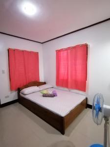 a bedroom with a bed with red curtains at Bundal Riverside Room#1 in Itaytay