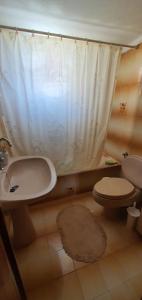 a bathroom with a toilet and a sink and a shower at Tonia’s & Chris House in Kalliópi