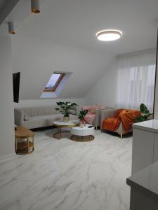 a living room with a couch and a table at Apartament Lipowa 2 in Mrągowo