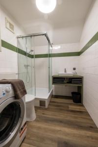 a bathroom with a shower and a washing machine at City Apartments Amstetten in Amstetten