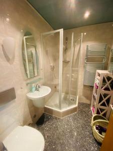 La salle de bains est pourvue d'une douche, de toilettes et d'un lavabo. dans l'établissement Ferienhaus an der Küste im Luftkurort Hage, à Hage