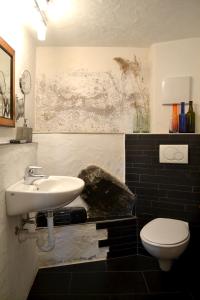 a bathroom with a sink and a toilet at Urige Ferienwohnung Steiger- Alloggio unico Steiger in Bressanone