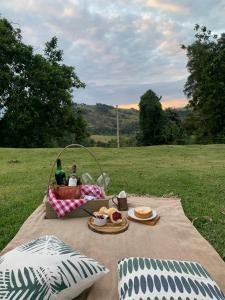 piknik z jedzeniem i napojami na kocu na polu w obiekcie Pousada Villa Tropea - Fazenda Chapadão w mieście Serra Negra