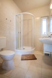 a bathroom with a shower and a toilet and a sink at Vas Villa in Siófok +32 photos