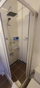 切什梅Grand Yayla Hotel的浴室里有玻璃门的淋浴间