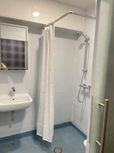 ein Bad mit einem Duschvorhang und einem Waschbecken in der Unterkunft Apartment Chinatown 302 in Newcastle upon Tyne
