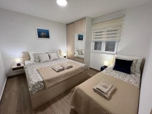 1 dormitorio con 2 camas y ventana en Apartmani Pernjak en Mandre