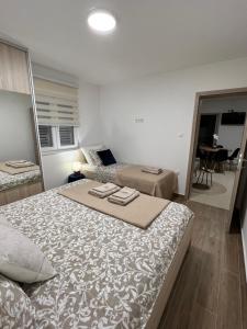 a bedroom with two beds and a table in a room at Apartmani Pernjak in Mandre