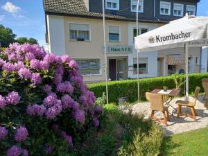 um jardim com flores roxas e um edifício em Haus S.E.E. em Marienthal