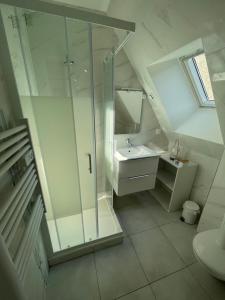 a white bathroom with a shower and a sink at Esprit New York ........ au cœur de Mulhouse in Mulhouse +28 photos